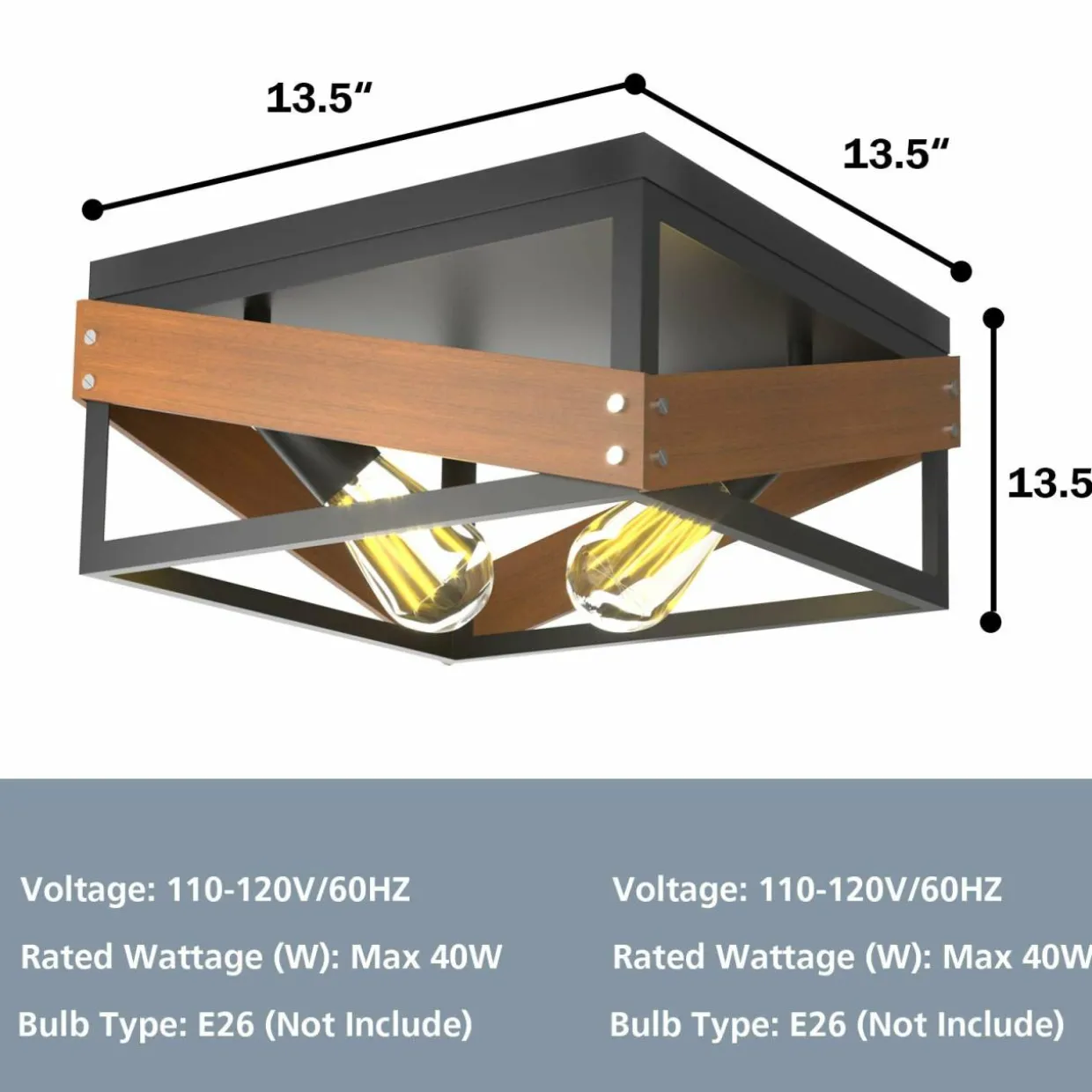 Flush Mount Ceiling Light, Rustic Flush Mount Light with Iron & Wood Square Shade & 2 Angle Adjustable Lights