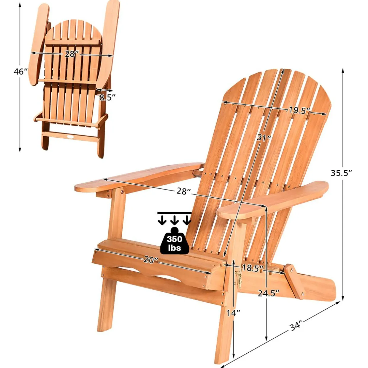 Folding Adirondack Chair, Lounger Chair for Patio Porch Deck Poolside and Backyard