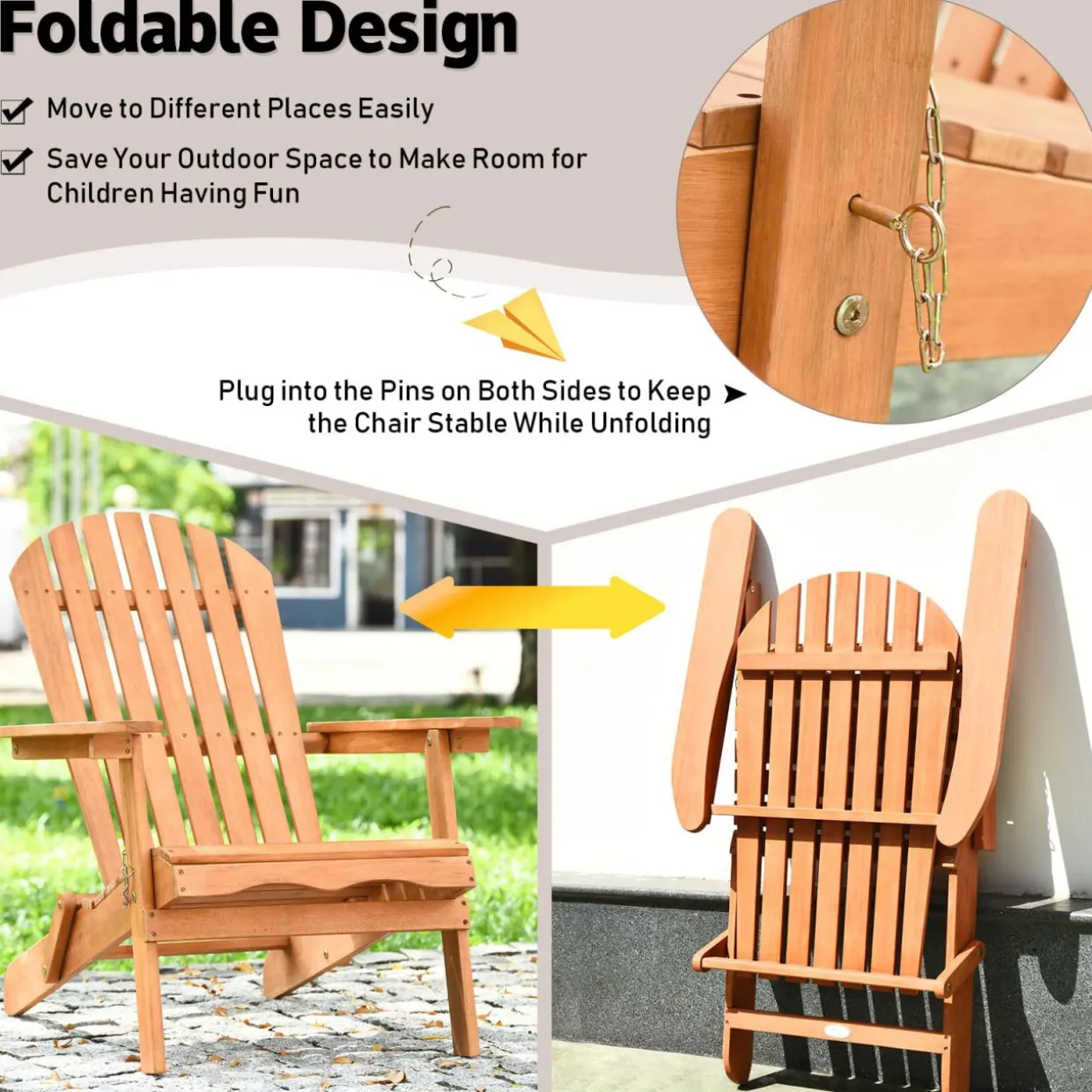 Folding Adirondack Chair, Lounger Chair for Patio Porch Deck Poolside and Backyard