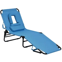 Folding Chaise Lounge Chair with Hole for Face, Outdoor 5-Position Adjustable Reclining Beach Sunbathing Chair