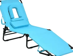 Folding Chaise Lounge Chair with Hole for Face, Outdoor 5-Position Adjustable Reclining Beach Sunbathing Chair