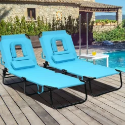 Folding Chaise Lounge Chair with Hole for Face, Outdoor 5-Position Adjustable Reclining Beach Sunbathing Chair