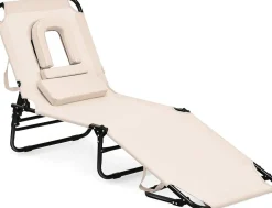Folding Chaise Lounge Chair with Hole for Face, Outdoor 5-Position Adjustable Reclining Beach Sunbathing Chair