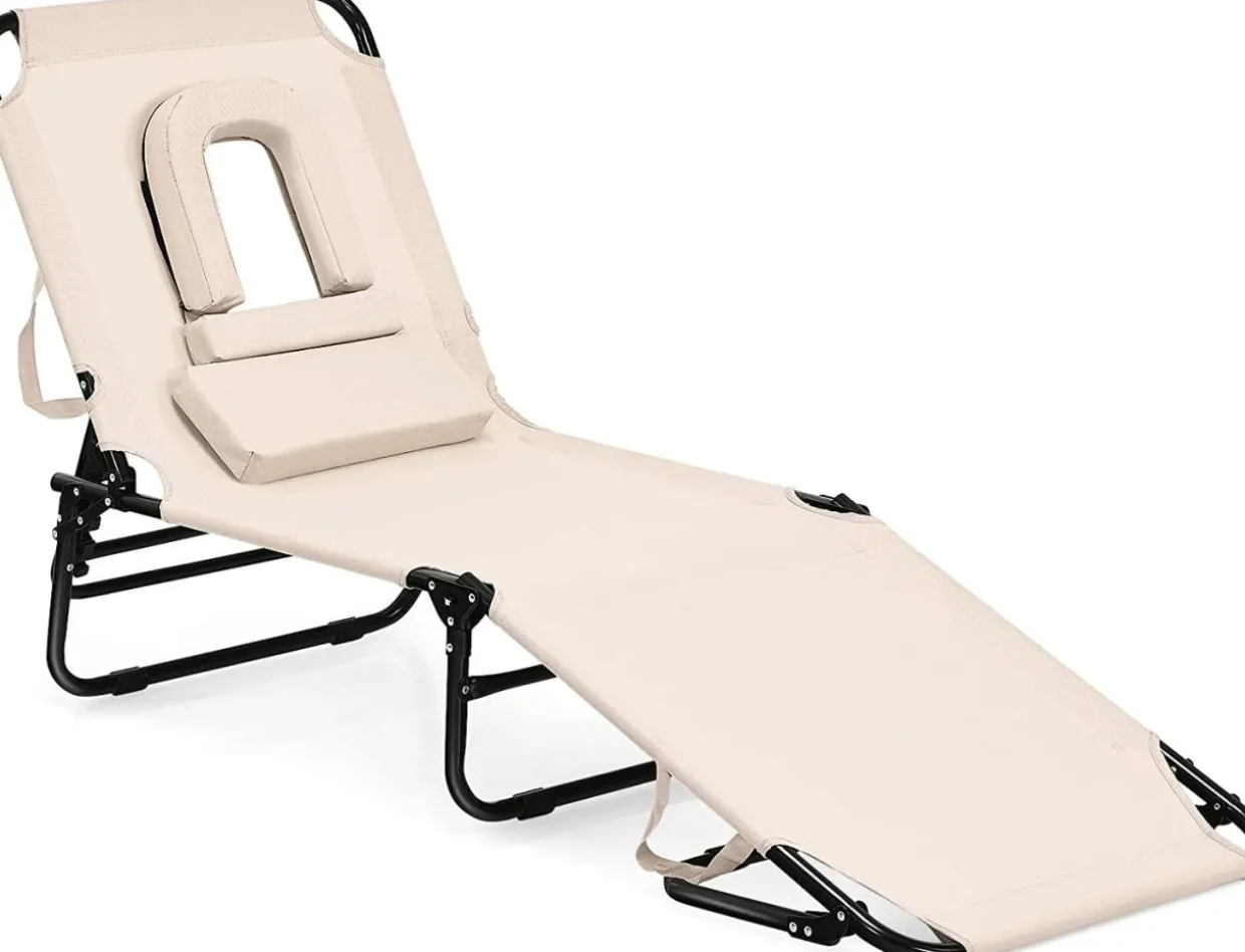 Folding Chaise Lounge Chair with Hole for Face, Outdoor 5-Position Adjustable Reclining Beach Sunbathing Chair