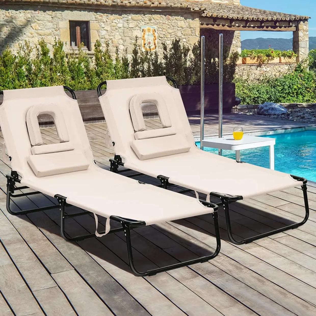 Folding Chaise Lounge Chair with Hole for Face, Outdoor 5-Position Adjustable Reclining Beach Sunbathing Chair