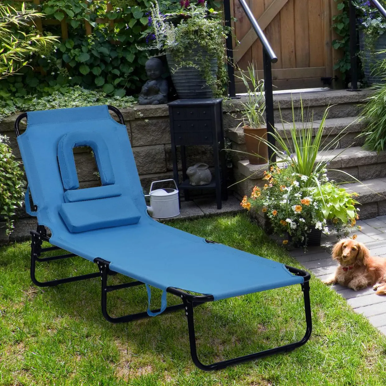 Folding Chaise Lounge Chair with Hole for Face, Outdoor 5-Position Adjustable Reclining Beach Sunbathing Chair