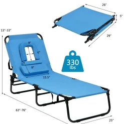 Folding Chaise Lounge Chair with Hole for Face, Outdoor 5-Position Adjustable Reclining Beach Sunbathing Chair