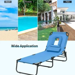 Folding Chaise Lounge Chair with Hole for Face, Outdoor 5-Position Adjustable Reclining Beach Sunbathing Chair