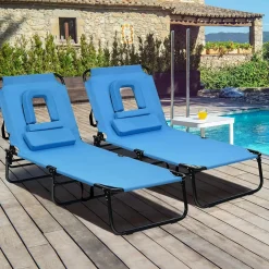 Folding Chaise Lounge Chair with Hole for Face, Outdoor 5-Position Adjustable Reclining Beach Sunbathing Chair