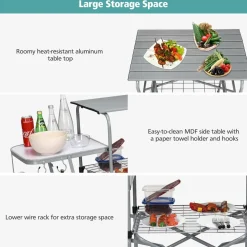 Folding Grill Table, Aluminum Camping Kitchen Table with Cook Station,