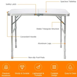 Folding Picnic Table, Portable Aluminum Camp Table with 3 Adjustable Heights