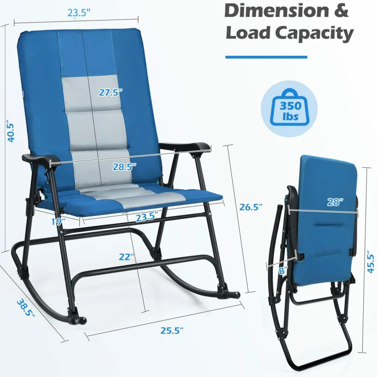 Folding Rocking Chair, Rocking Chair with Padded Seat High Back & Armrest, Support 350 lbs