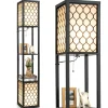Freestanding Double Lamp w/ 2-Tier Wood Shelf & White Lampshade, E26 Bulb Base, Pull Chain & Foot Switch