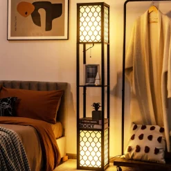 Freestanding Double Lamp w/ 2-Tier Wood Shelf & White Lampshade, E26 Bulb Base, Pull Chain & Foot Switch