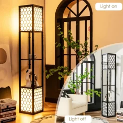 Freestanding Double Lamp w/ 2-Tier Wood Shelf & White Lampshade, E26 Bulb Base, Pull Chain & Foot Switch