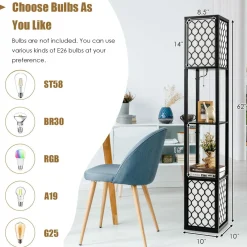 Freestanding Double Lamp w/ 2-Tier Wood Shelf & White Lampshade, E26 Bulb Base, Pull Chain & Foot Switch