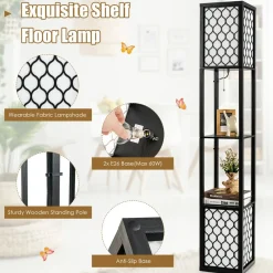 Freestanding Double Lamp w/ 2-Tier Wood Shelf & White Lampshade, E26 Bulb Base, Pull Chain & Foot Switch