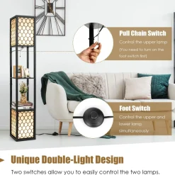 Freestanding Double Lamp w/ 2-Tier Wood Shelf & White Lampshade, E26 Bulb Base, Pull Chain & Foot Switch