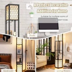Freestanding Double Lamp w/ 2-Tier Wood Shelf & White Lampshade, E26 Bulb Base, Pull Chain & Foot Switch