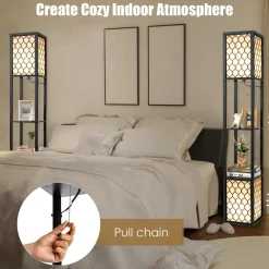 Freestanding Double Lamp w/ 2-Tier Wood Shelf & White Lampshade, E26 Bulb Base, Pull Chain & Foot Switch