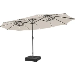 15FT Double-Sided Patio Umbrella with Solar Lights, Extra-Large Umbrella W/ 48 LED Lights & Auto-Charging Solar Panel