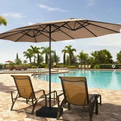 15FT Double-Sided Patio Umbrella with Base, Extra-Large Market Umbrella W/Crank System