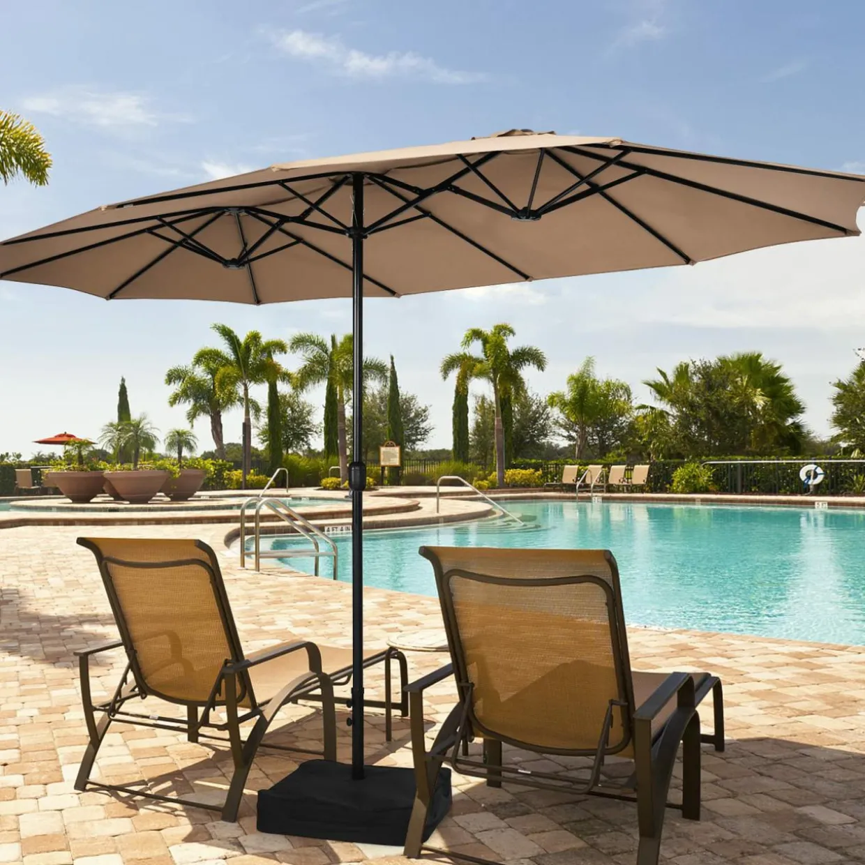 15FT Double-Sided Patio Umbrella with Base, Extra-Large Market Umbrella W/Crank System