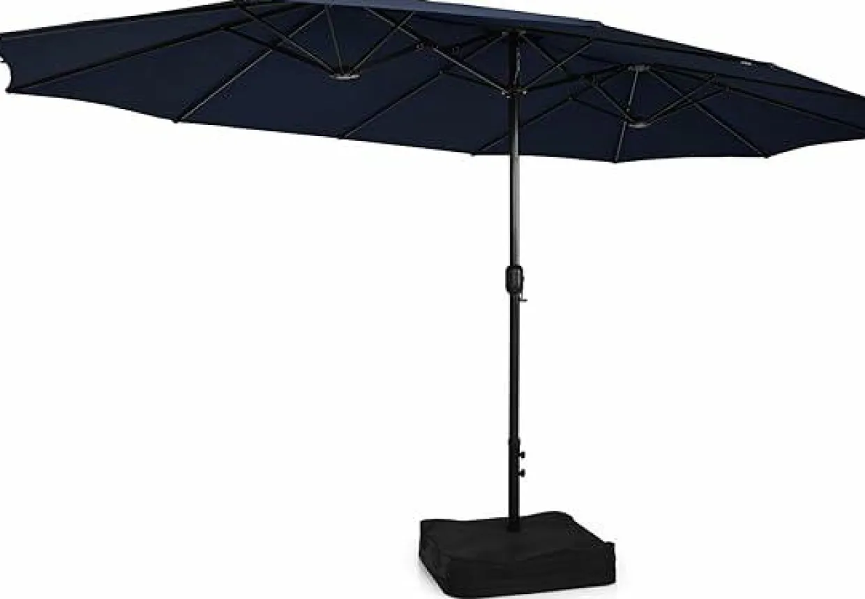 15FT Double-Sided Patio Umbrella with Base, Extra-Large Market Umbrella W/Crank System