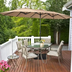 15FT Double-Sided Patio Umbrella with Base, Extra-Large Market Umbrella W/Crank System