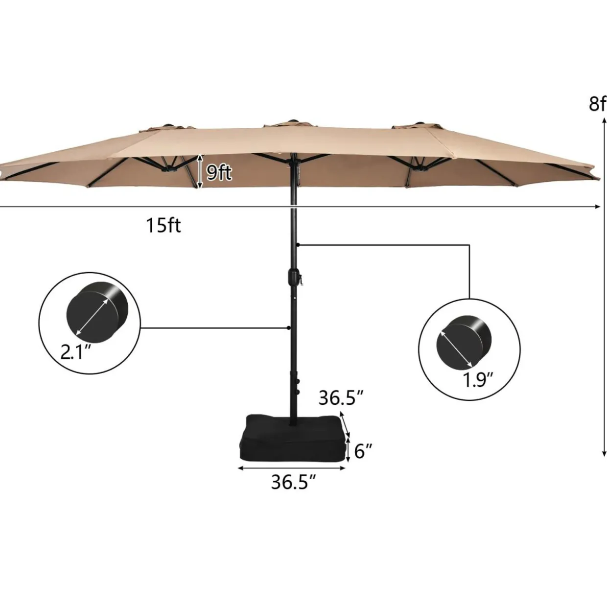 15FT Double-Sided Patio Umbrella with Base, Extra-Large Market Umbrella W/Crank System