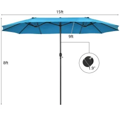 15Ft Double-Sided Patio Umbrella, Market Twin Umbrella W/ 12-Rib Sturdy Metal Frame