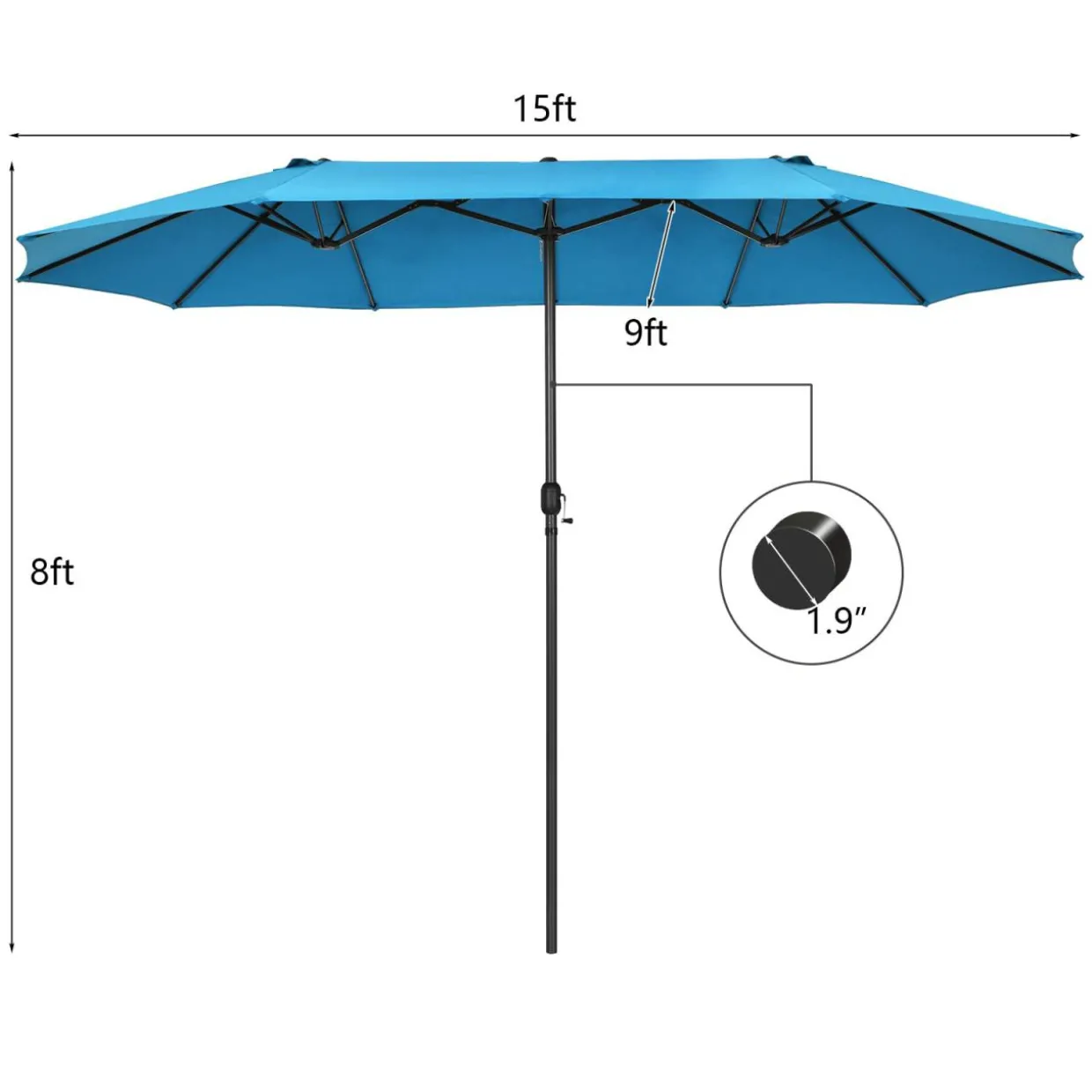 15Ft Double-Sided Patio Umbrella, Market Twin Umbrella W/ 12-Rib Sturdy Metal Frame