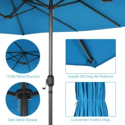 15Ft Double-Sided Patio Umbrella, Market Twin Umbrella W/ 12-Rib Sturdy Metal Frame