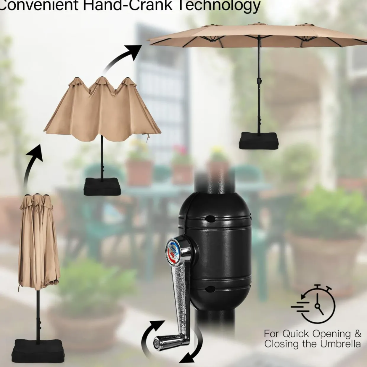15FT Double-Sided Patio Umbrella with Base, Extra-Large Market Umbrella W/Crank System