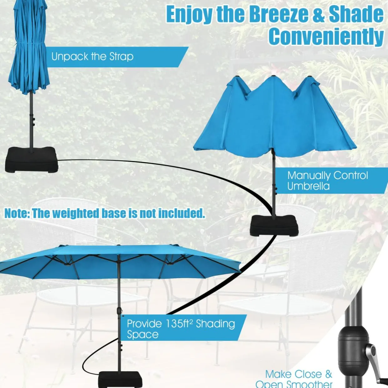 15Ft Double-Sided Patio Umbrella, Market Twin Umbrella W/ 12-Rib Sturdy Metal Frame