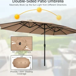 15FT Double-Sided Patio Umbrella with Base, Extra-Large Market Umbrella W/Crank System