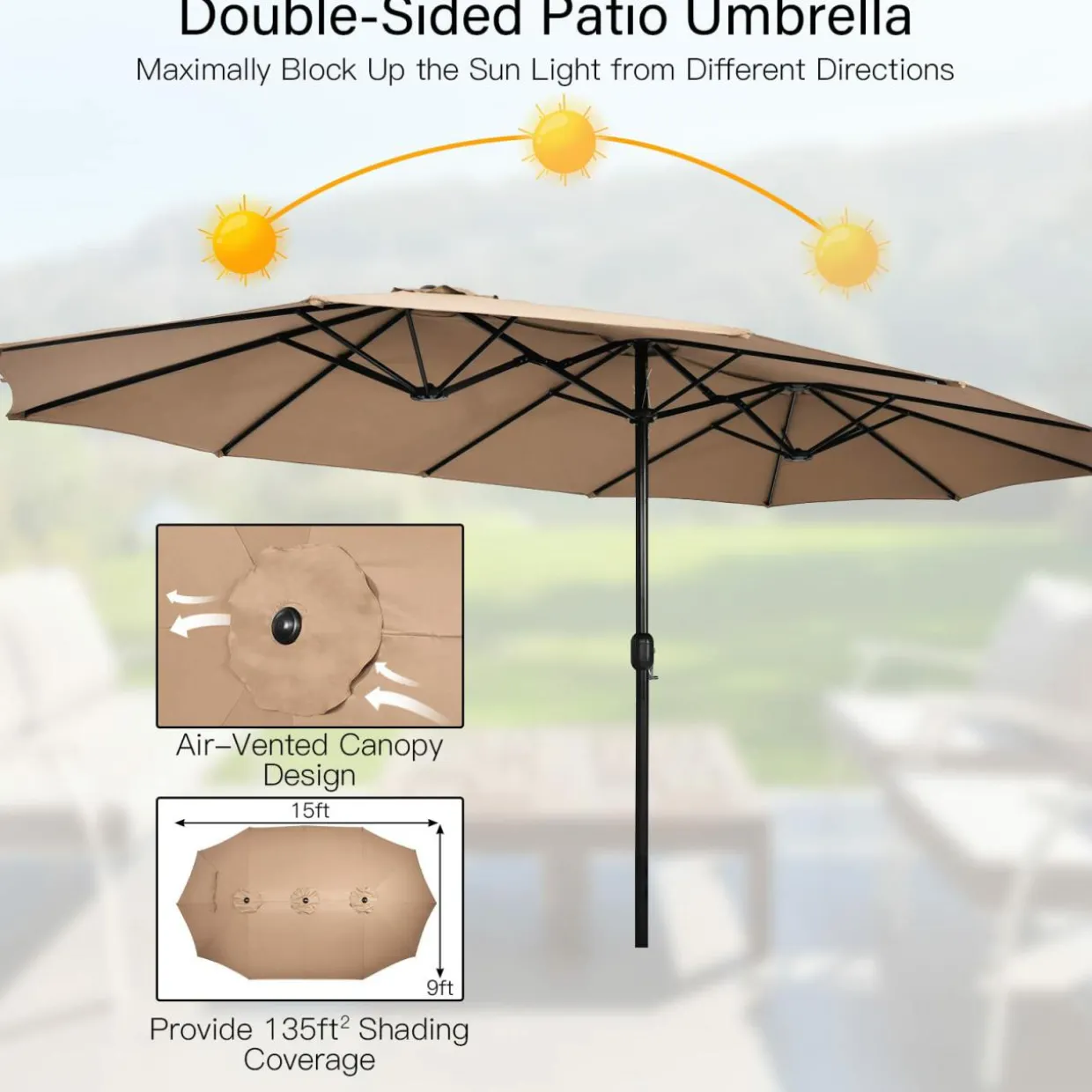 15FT Double-Sided Patio Umbrella with Base, Extra-Large Market Umbrella W/Crank System