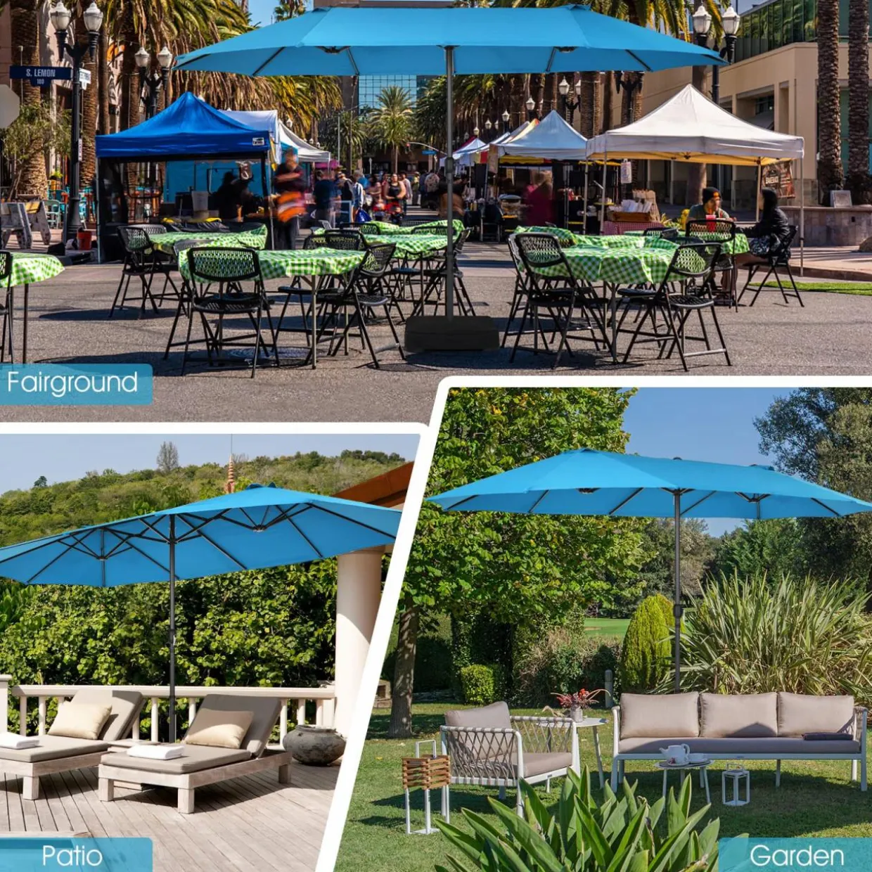 15Ft Double-Sided Patio Umbrella, Market Twin Umbrella W/ 12-Rib Sturdy Metal Frame