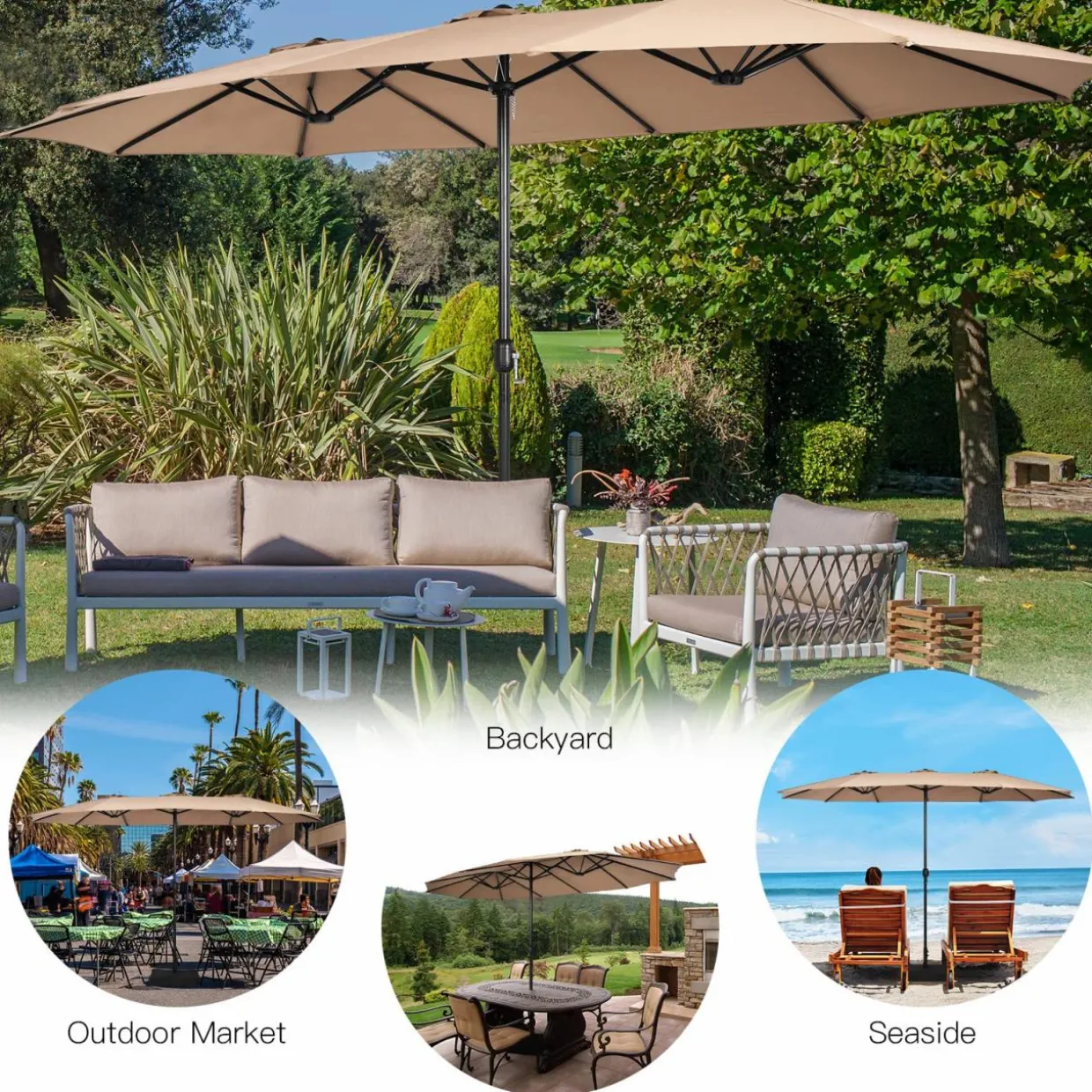 15FT Double-Sided Patio Umbrella with Base, Extra-Large Market Umbrella W/Crank System