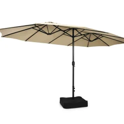 15FT Double-Sided Patio Umbrella with Base, Extra-Large Market Umbrella W/Crank System