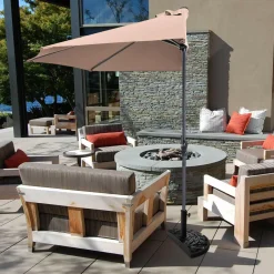 9 ft Half Round Outdoor Patio Umbrella, Market Umbrella with Crank and 5 ribs