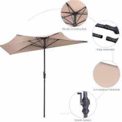 9 ft Half Round Outdoor Patio Umbrella, Market Umbrella with Crank and 5 ribs