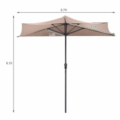 9 ft Half Round Outdoor Patio Umbrella, Market Umbrella with Crank and 5 ribs