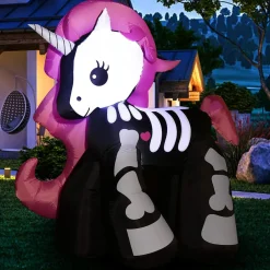 5.5 Ft Halloween Inflatable Skeleton Unicorn with Build-in LED Lights & Blower, Blow Up Yard Decorations