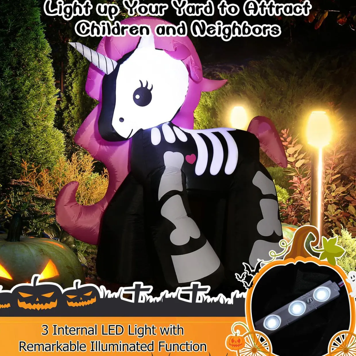 5.5 Ft Halloween Inflatable Skeleton Unicorn with Build-in LED Lights & Blower, Blow Up Yard Decorations