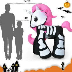 5.5 Ft Halloween Inflatable Skeleton Unicorn with Build-in LED Lights & Blower, Blow Up Yard Decorations