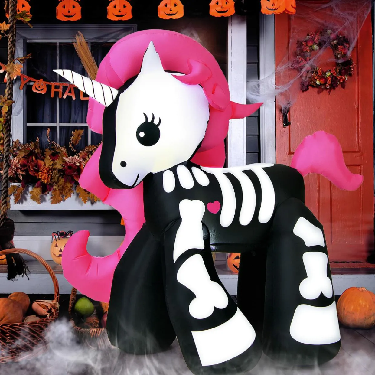 5.5 Ft Halloween Inflatable Skeleton Unicorn with Build-in LED Lights & Blower, Blow Up Yard Decorations