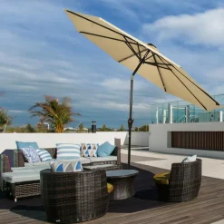10FT Solar Powered 24 LED Lighted Patio Umbrella, Table Market Umbrella with Tilt Adjustment and Crank Handle