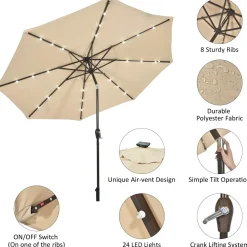 10FT Solar Powered 24 LED Lighted Patio Umbrella, Table Market Umbrella with Tilt Adjustment and Crank Handle