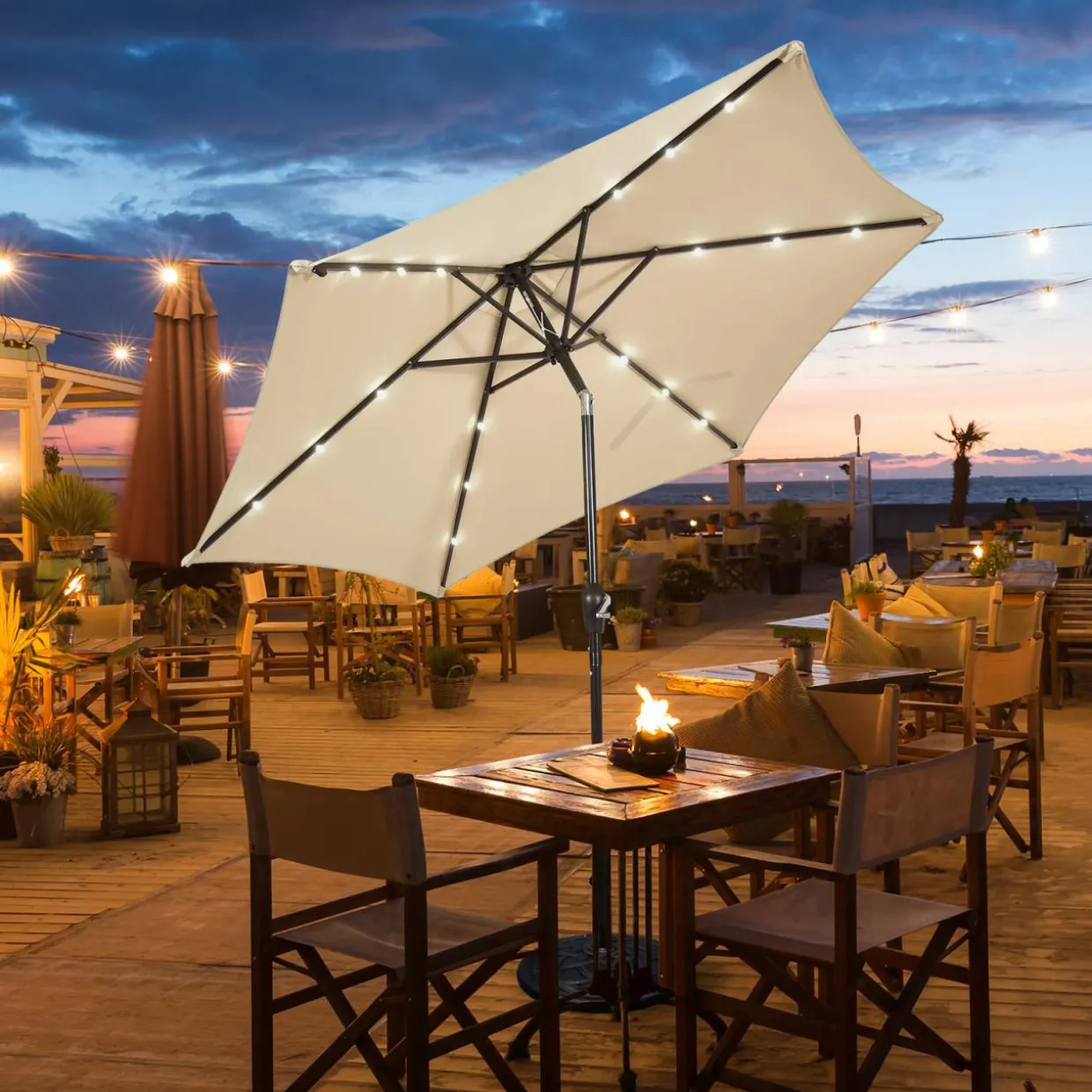 9FT Solar Powered LED Lighted Patio Umbrella, Table Market Umbrella with Tilt and Crank